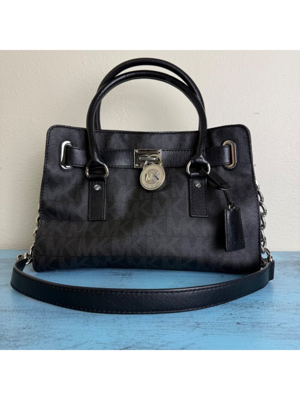Michael Kors Hamilton Signature Shoulder Satchel Tote Black Leather
